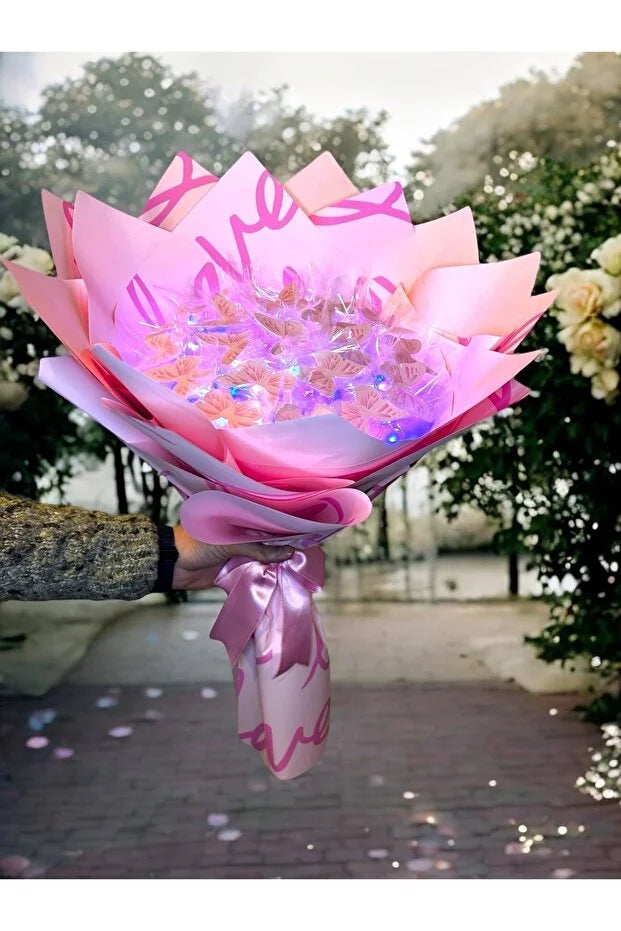 Aşkın Simgesi Işıklı Pembe Kelebek Buketi